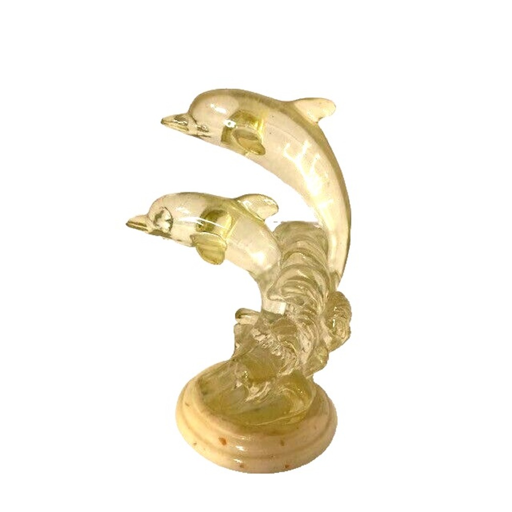 Vtg Lucite 2 Dolphin Figure Yellowed Clear Lucite Pair Over a Wave Statue 6 in